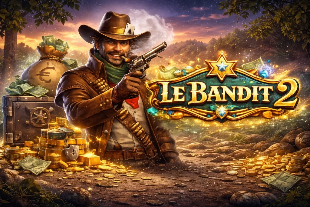 Le Bandit 2 promotional banner featuring a western outlaw holding a revolver, surrounded by gold coins and treasure, with the game logo glowing against a dramatic sunset landscape background.