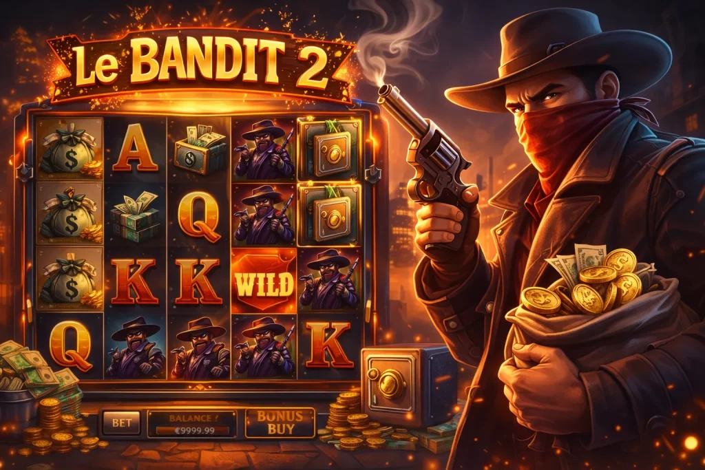 Le Bandit 2 demo slot game artwork showing a masked outlaw bandit holding a revolver and a bag of gold next to a glowing slot machine with wild symbols and cash icons.